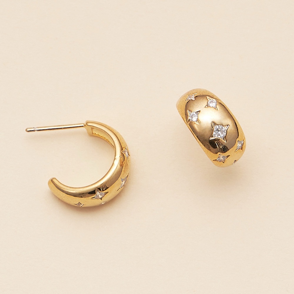 Semi Fine Collection - 18K Gold Dip CZ Stone Paved Northern Star Hoop Earrings